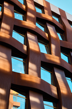 Architectural facade with dynamic curves and stunning reflections that captivate observersの写真素材