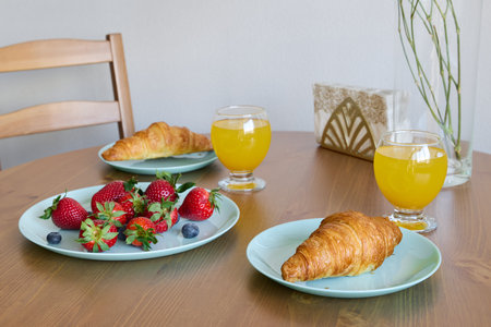 A Deliciously Beautiful Breakfast Setup Featuring Croissants and a Variety of Fresh Fruits