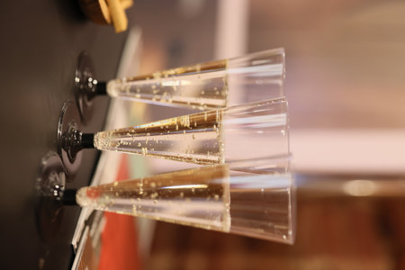 Elegant Champagne Flutes Prepared and Ready for Your Next Special Celebration Eventの写真素材