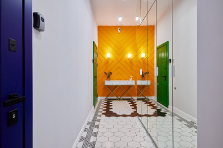 This modern entryway showcases vibrant accents and a chic design that captivates allの写真素材