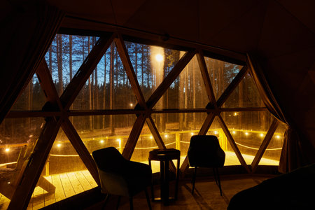 A Cozy Geometric Cabin Nestled Among Nature at Dusk, Perfect for Ultimate Relaxation and Comfort