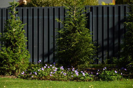 A Beautiful Lush Green Garden Featuring Tall Trees and Vibrant Colorful Flowers Throughoutの写真素材