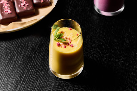 Enjoy a Refreshing and Delicious Mango Smoothie Served in an Elegant Glass along with Dessertの写真素材