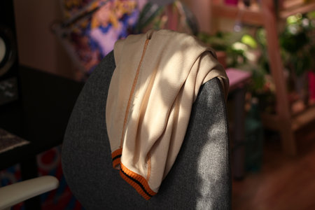 A Cozy Overhead Throw Draped Over a Chair in a Bright, Sunlit Room Enhancing Its Warmthの写真素材