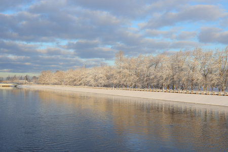 A Serene Winter Landscape featuring Frosty Trees and a Calm, Clear River flowing gentlyの写真素材