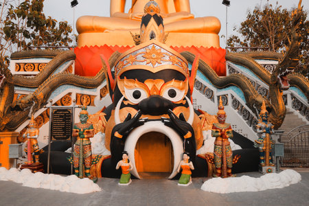 A Vibrant and Ornate Temple Entrance Richly Adorned with Mythical Elements and Details