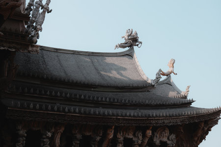 The Complex and Intricate Architecture of a Traditional Asian Temple Roof Designの写真素材