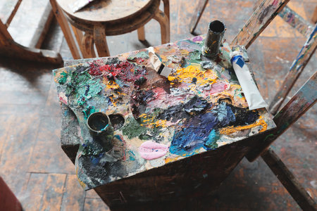 An EyeCatching and Colorful Artists Palette Fully Loaded with Various Paints and Brushesの写真素材