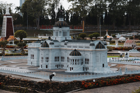 A Beautiful Miniature Building Model Set in a Scenic Garden Environment for Visitors and Tourists