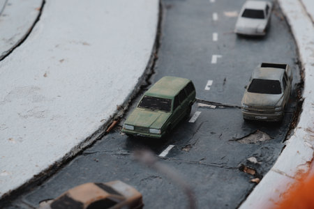 A detailed miniature traffic scene with model cars and vehicles placed on a highwayの写真素材