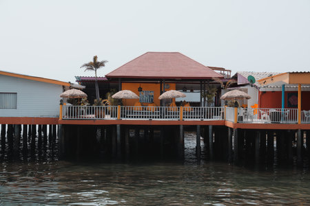 Visit the Charming Waterfront Restaurant, located on a deck overlooking the waterの写真素材