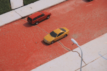A Vibrant and Dynamic Toy Car Scene Set on a Miniature Street in Full Colorful Detail