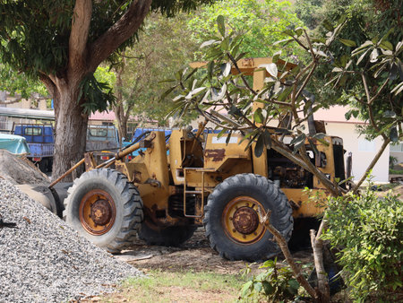 Heavy Machinery Working on a Construction Site Surrounded by Tall Green Trees and Nature