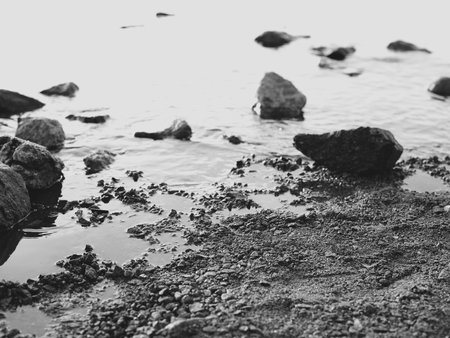 Serene Shoreline Beautifully Positioned Rocks on a Tranquil Water Edge of the Coastの写真素材
