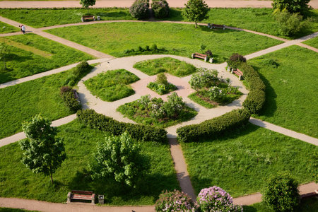 Aerial View of a Beautifully Designed Urban Park Featuring Scenic Pathways and Lush Greeneryの写真素材