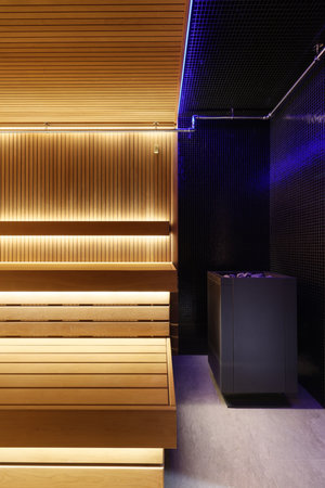 Experience a Modern Sauna Interior Featuring Sleek Lighting and Natural Wooden Design Elementsの写真素材