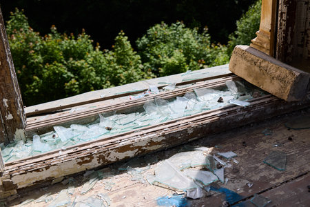 A Forgotten and Abandoned Window that Features Broken Glass Surrounded by Lush Greenery