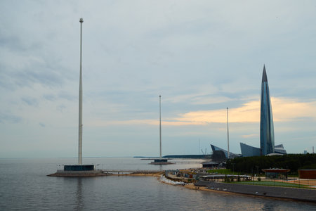 A Stunning Modern Skyline Emphasized by the Beautiful Contrast of the Waterfront Areaの写真素材