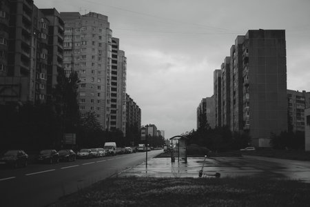 The Urban Landscape is beautifully captured in monochrome under overcast cloudy skiesの写真素材