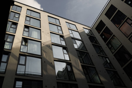 The modern urban architecture is characterized by its stunning reflective glass facades