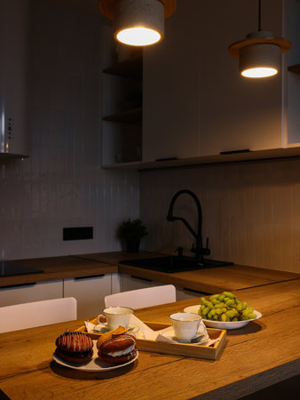 Experience a Cozy Kitchen Ambience Filled with Delicious Treats and Fresh Fruits Galoreの写真素材