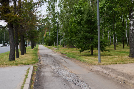 An Urban Pathway Is Currently Under Construction, Set Amidst Beautiful Lush Greenery