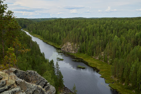A Stunning River Landscape Beautifully Surrounded by Lush Green Forests and Tranquil Surroundingsの写真素材