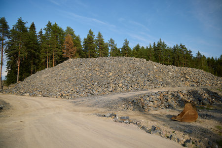 A Stone Pile is located along a Dirt Road and is surrounded by a lush Forest areaの写真素材