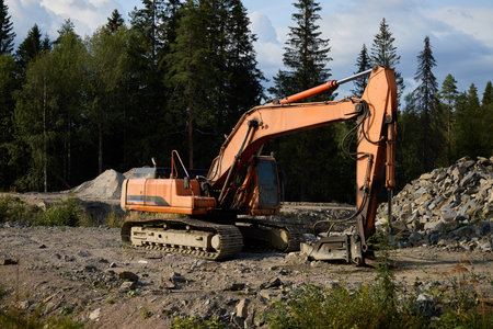 An Excavator is Actively Working on a Construction Site that is Surrounded by Lush Nature