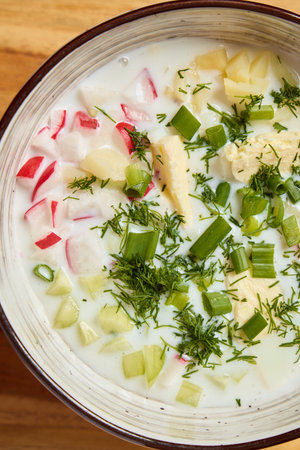 Enjoy a Refreshing Creamy Salad Soup that is made with Fresh Seasonal Vegetables and Herbsの写真素材
