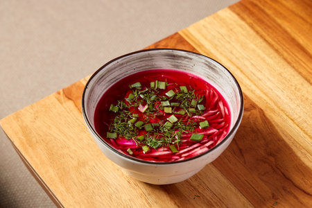 Enjoy a Delightfully Vibrant Beetroot Soup Made with Fresh Herbs Served in a Stylish Bowlの写真素材