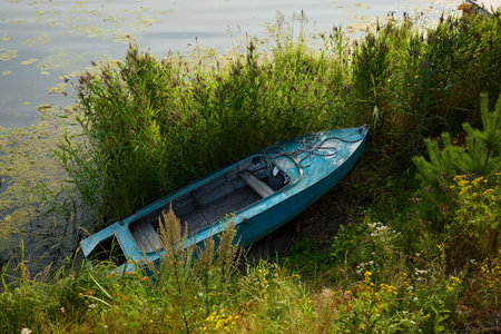 An Abandoned Blue Boat Is Surrounded by Lush Greenery Right Next to the Waters Edgeの写真素材