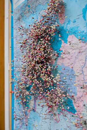 Colorful Pins Delightfully Mark Various Locations on a Detailed City Map Overviewの写真素材