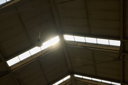 Sunlight gracefully streams through the industrial roof, providing warmth and natural lightの写真素材