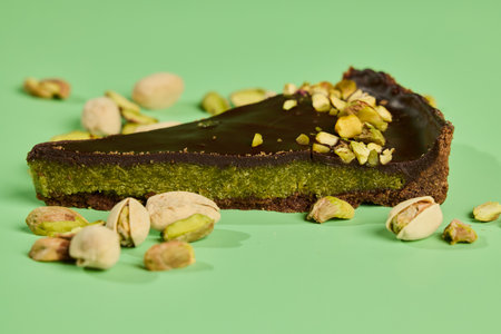 Indulgent and Decadent Chocolate Pistachio Tart Slice Presented on a Green Background