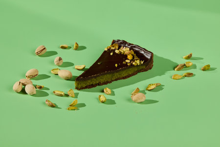 This is a Delicious Chocolate Pistachio Dessert Presented on a Striking Green Background