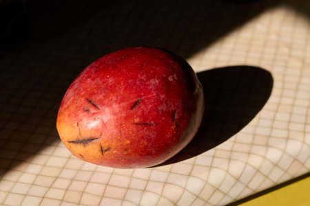 A vibrant, juicy red mango displayed on a checkered surface under natural lightの写真素材