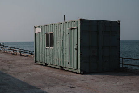 A lonely shipping container rests by the beautiful shoreline, embraced by nature