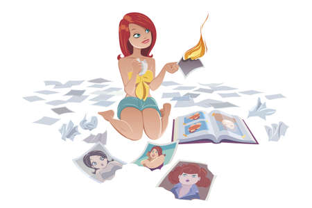 Girl is burning old photosのイラスト素材