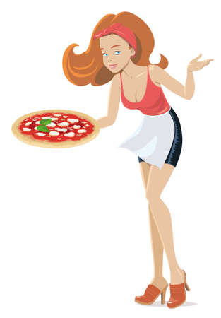 beautiful girl carrying a pizzaのイラスト素材