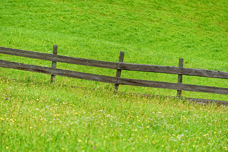 old wooden fence on green grass, partially blurred backgroundの写真素材