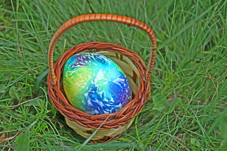 Colored easter egg in basket on green grassの写真素材