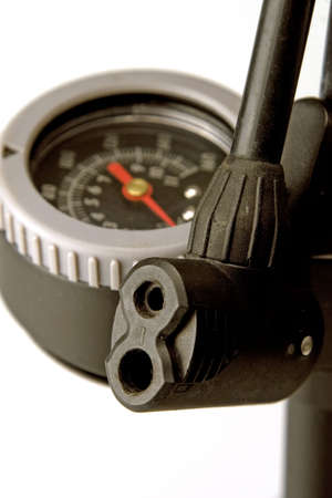 Close-up of bicycle gauge and focus on nozzle from pumpの写真素材