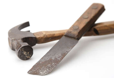 Old vintage hammer and knife with focas on hammer end and knife 