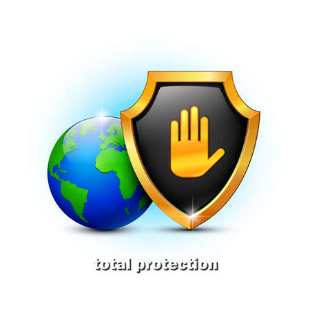 Globe with shield on a blue background.  illustration.  のイラスト素材