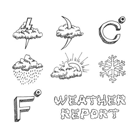 Weather icons set  Hand drawn sketch illustration isolated on white backgroundのイラスト素材