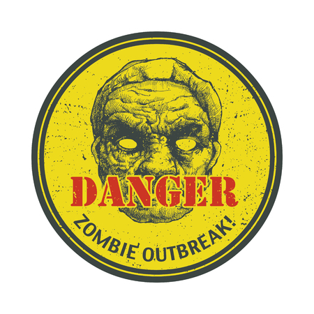 Poster Zombie Outbreak  Sign board with zombie face, hand-written fonts, words Zombie Outbreak Leave のイラスト素材