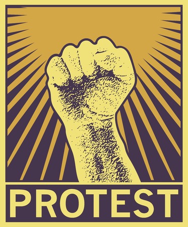 Hand Up Proletarian Revolution - Vector Illustration Concept in Soviet Union Agitation Style. Fist of revolution. Human hand up. Red background. Design element.のイラスト素材