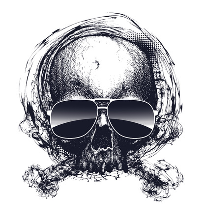 Black and white human skull with sunglasses. Hand drawn vector illustrationのイラスト素材