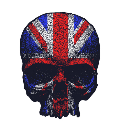 Black and white human skull with greate britain flag. Hand drawn vector illustrationのイラスト素材